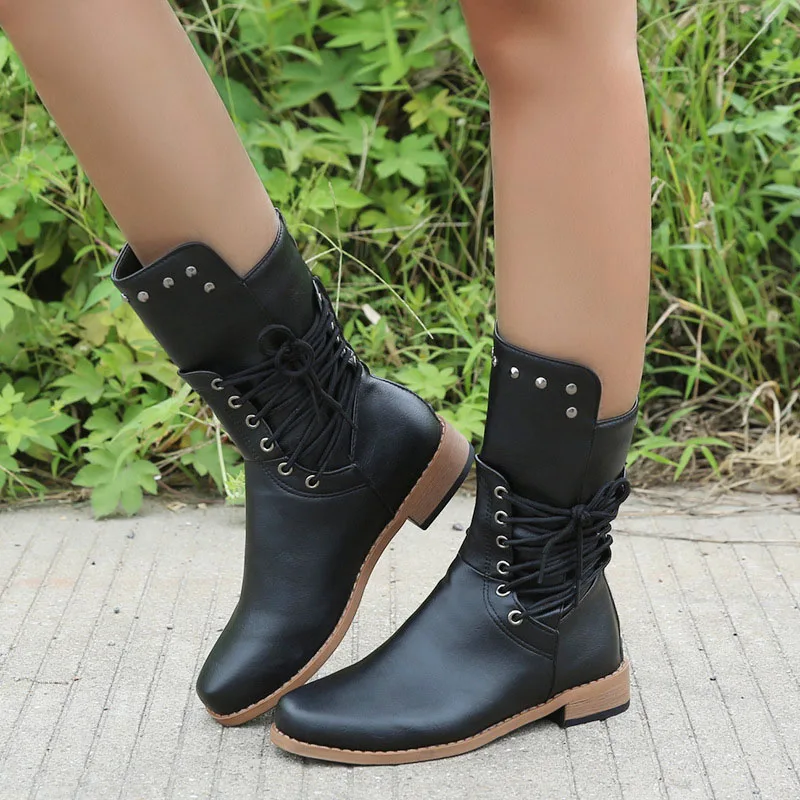 2023 New Women Mid Calf Boots Low Heels Winter Fur Boots Studded Booties Zipper Ladies Shoes Waterproof Botas Mujer