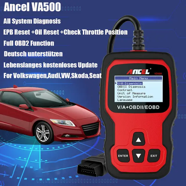 ANCEL VD500Pro Tout Système Scanner Diagnostic Auto pour Volkswagen VW Audi  Skoda Seat Lecteur OBD2 EPB ABS SRS Remise à Zéro Vidange Moteur et des  Plaquettes à Frein et de Position du