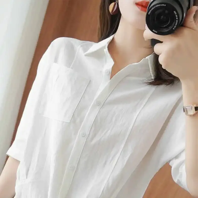 

Casual Linen Shirt Loose Solid Womens Tops and Blouses Single-breasted Harajuku Shirt Sun Protection Blouses 2023 Fashion
