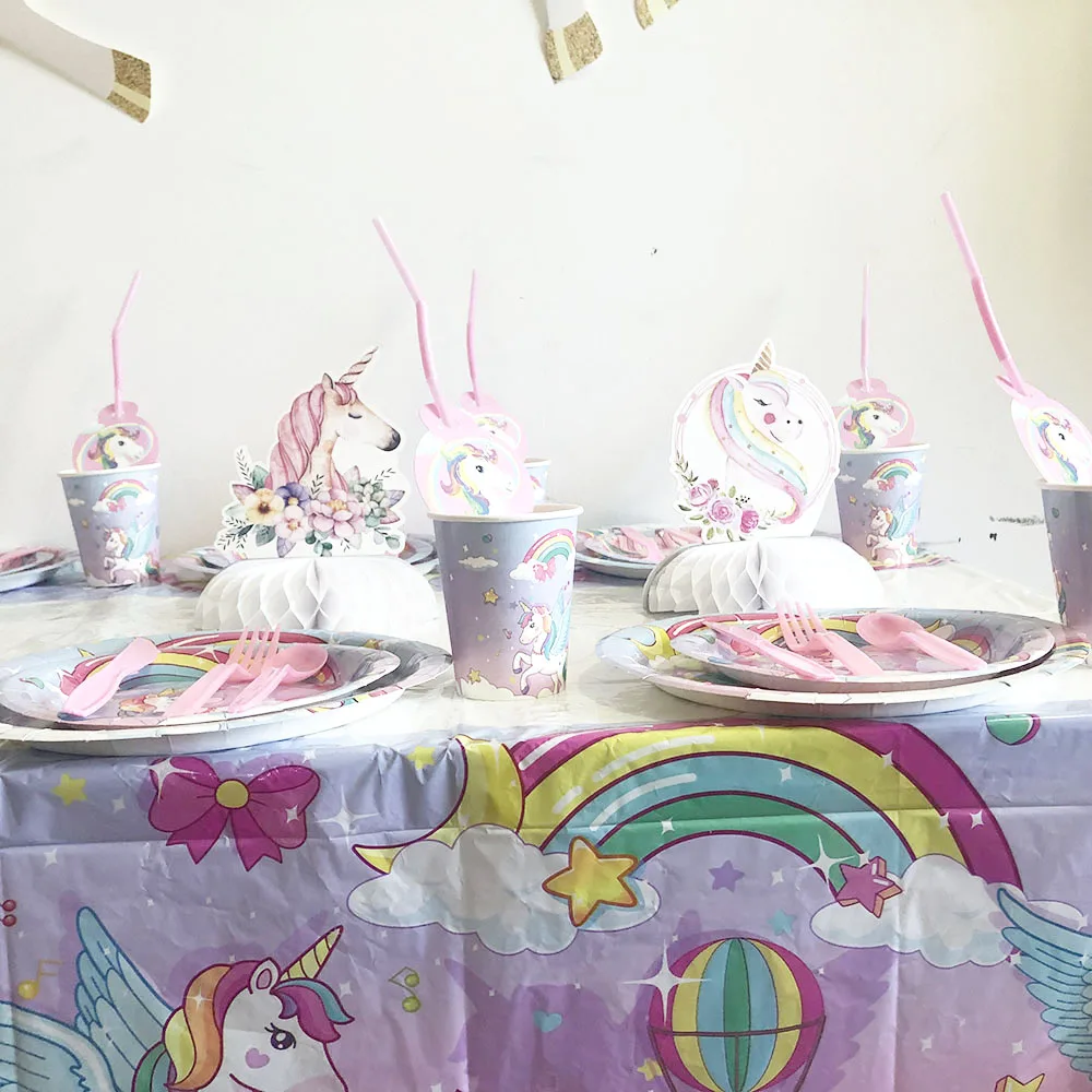 Birthday Party Supplies New Children&rsquo;s Rainbow Unicorn Birthday Party Disposable Tableware Set Paper Cup Paper Towel Unicorn Balloon Party Decoration