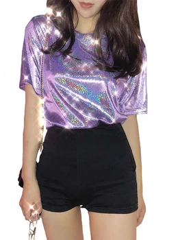 summer woman tops shiny loose short sleeve t-shirt sexy club aesthetic harajuku women stylish bright silk tshirt 1