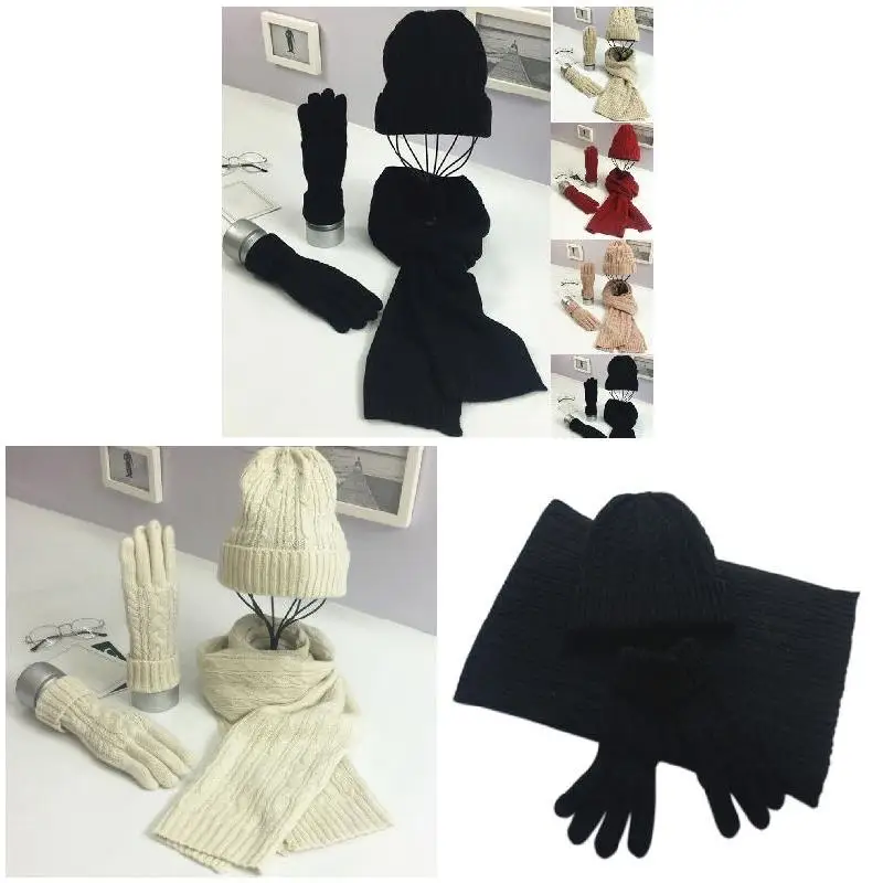 

Winter Women Wooly Thick Knit Hat Scarf Gloves Set Warm Soft Knitted Woollen Set