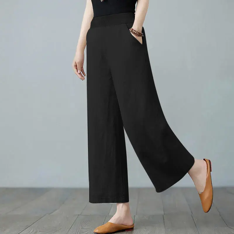 Chinese Style Flax Solid Color High Waist Sagging Sensation 2024 Women Loose Appear Thin Affordable Casual Office Lady Trousers