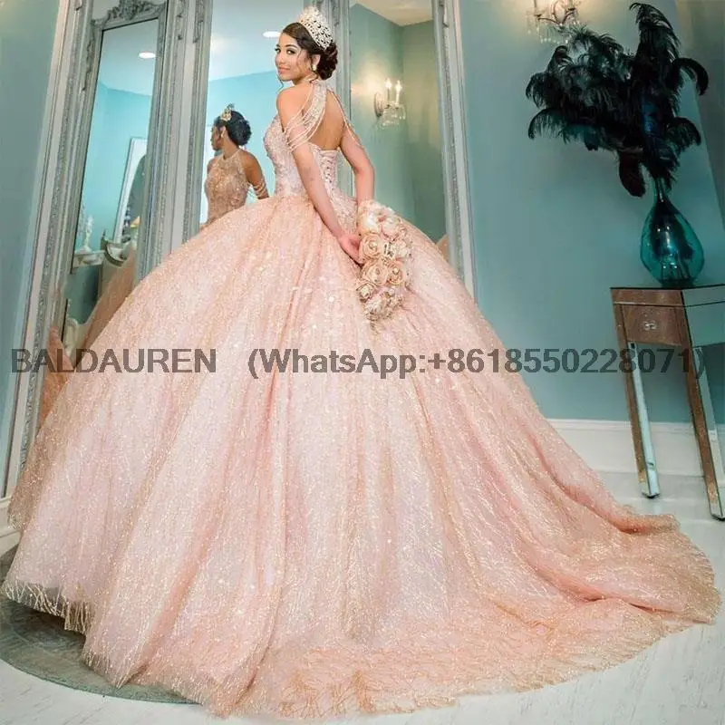 Rose Gold Pink Sequined Lace Quinceanera Dresses High Neck Crystal Beading Off Shoulder Ball Gown Customized