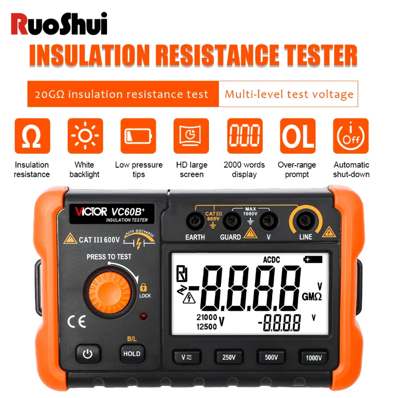 

RuoShui 60B+ Digital Insulation Resistance Tester 1000V Test DC AC 2000m Ohm High Voltage Short Circuit Input Alarm VC60B