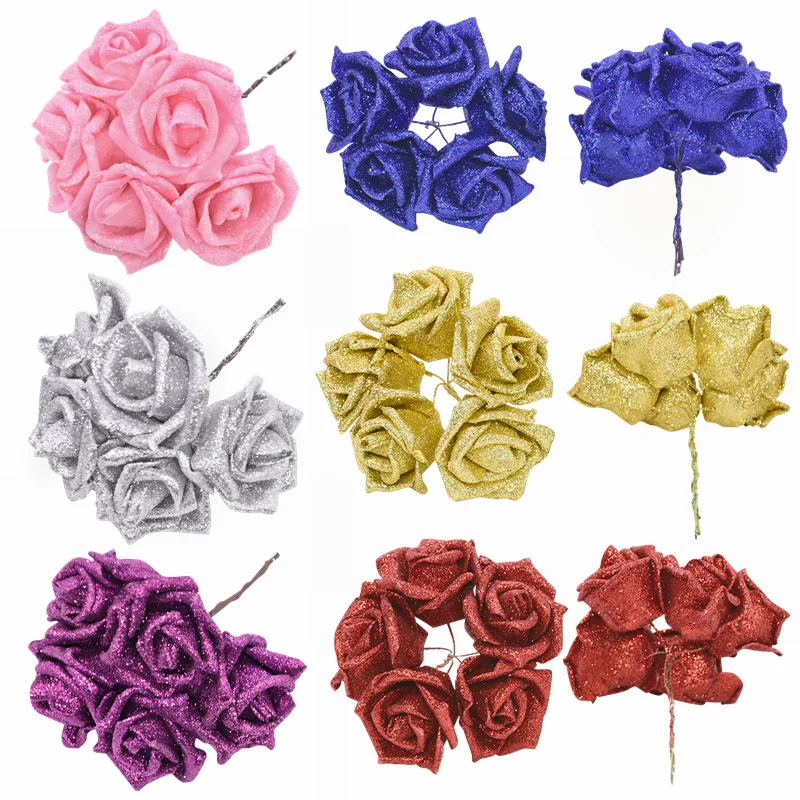 IPOPU 25 Rose Artificiali Glitterate In Schiuma PE – Verde – Con Stelo In Filo Flessibile Per Bouquet Fai Da Te, Decorazioni Nozze E Festa - 3