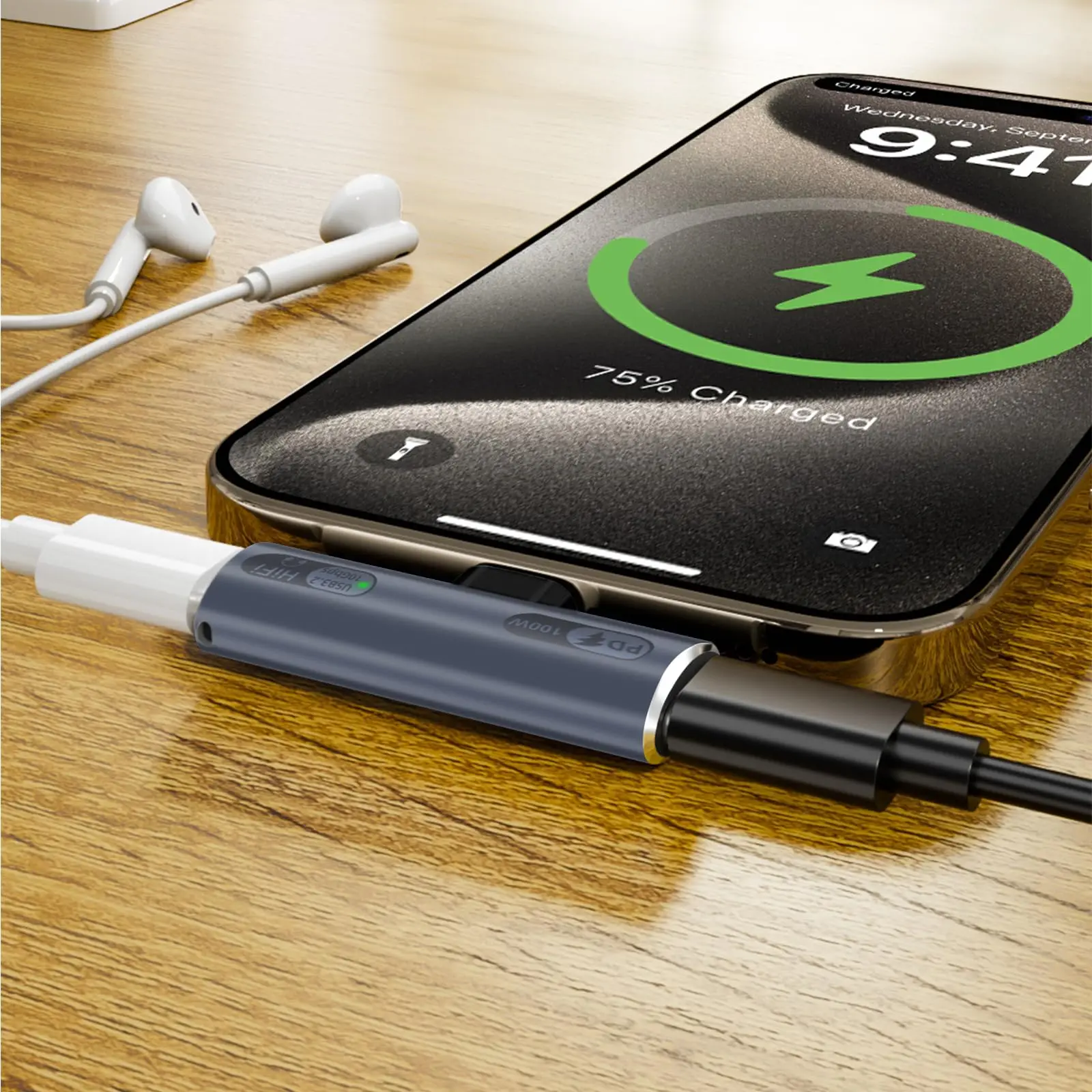 100W 충전 포트가 있는 2-in-1 USB C 분배기, 듀얼 USB 타입 C 헤드폰 및 충전 어댑터 동글, 충전 및 음악 지원