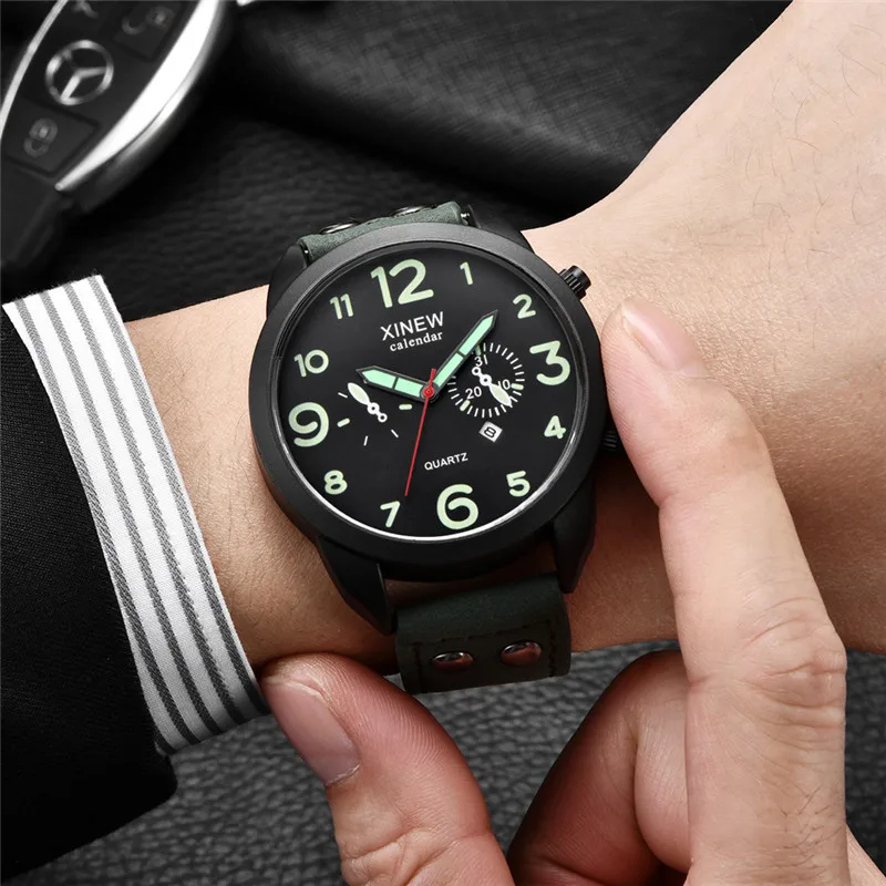 Men XINEW Brand Cheap Watches Students Fashion Simple Leather Band Army Date Quartz Watch Erkek Barato Saat Reloj Hombre 2024