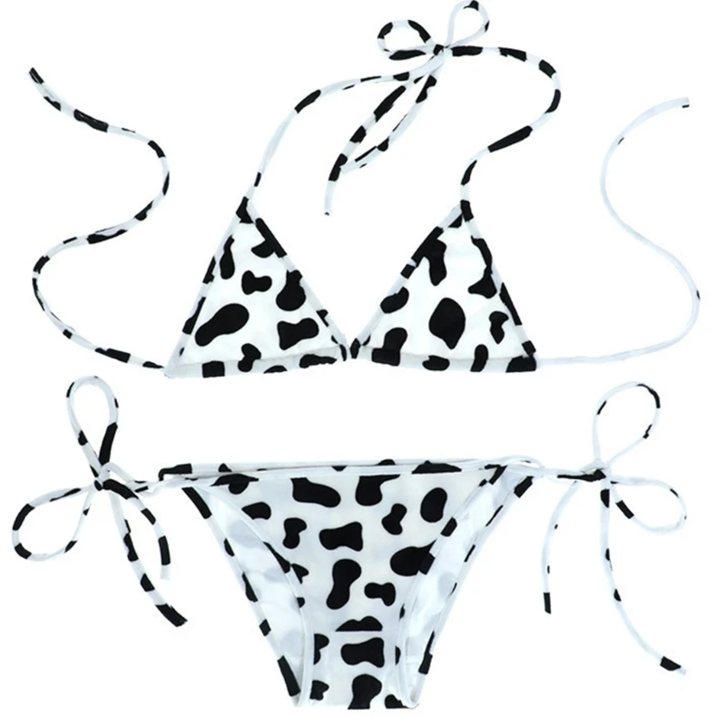 

Womens 2 Piece Cute Milk Cow Print Tie Side Bikini Sets Japanese Anime Underwear