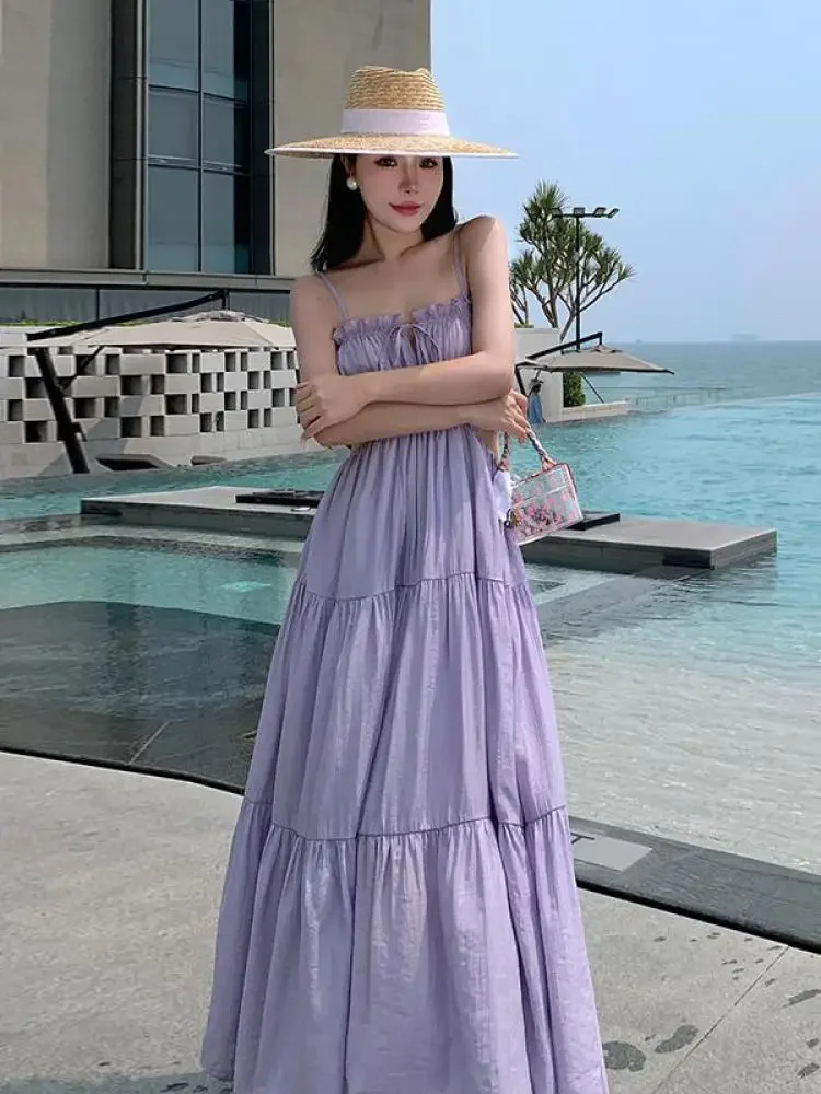 

Sleeveless Slip Long Dress 2023 New Summer Elegant Boho Holiday Beach Solid V-neck Pleated Bandage es Backless J258