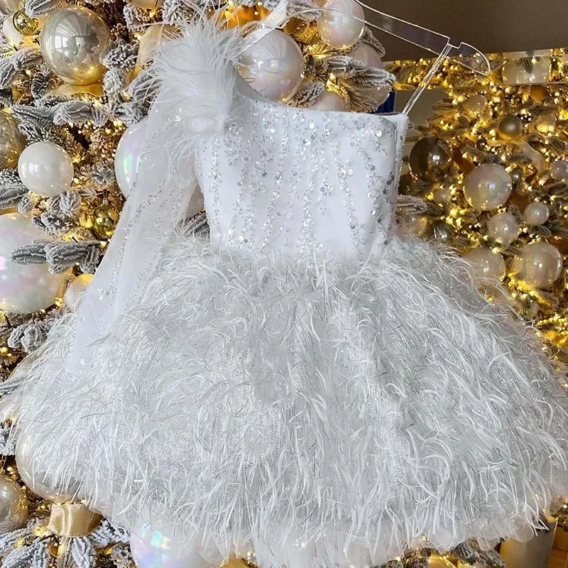 Naomi Girls White Feather Party Dress main image 1