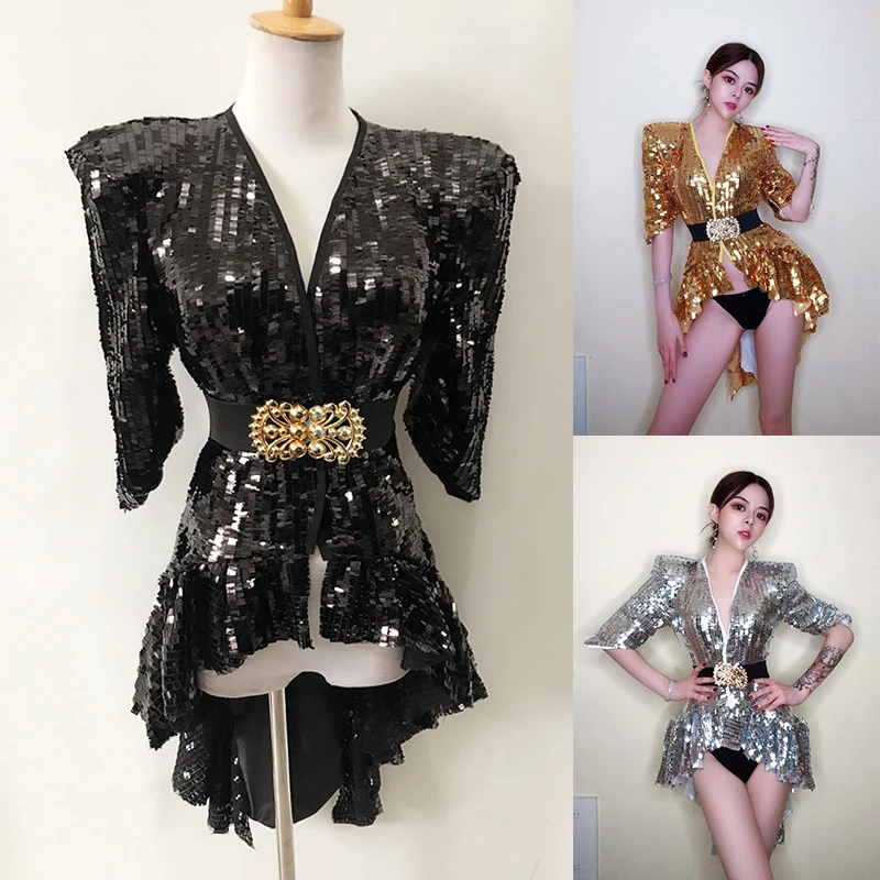 

Sparkly Sequin Tuxedo With Belt Female Singer Dancer Stage Costume Rave Festival Clothing Nightclub Gogo Dancing Clothes VDB5686