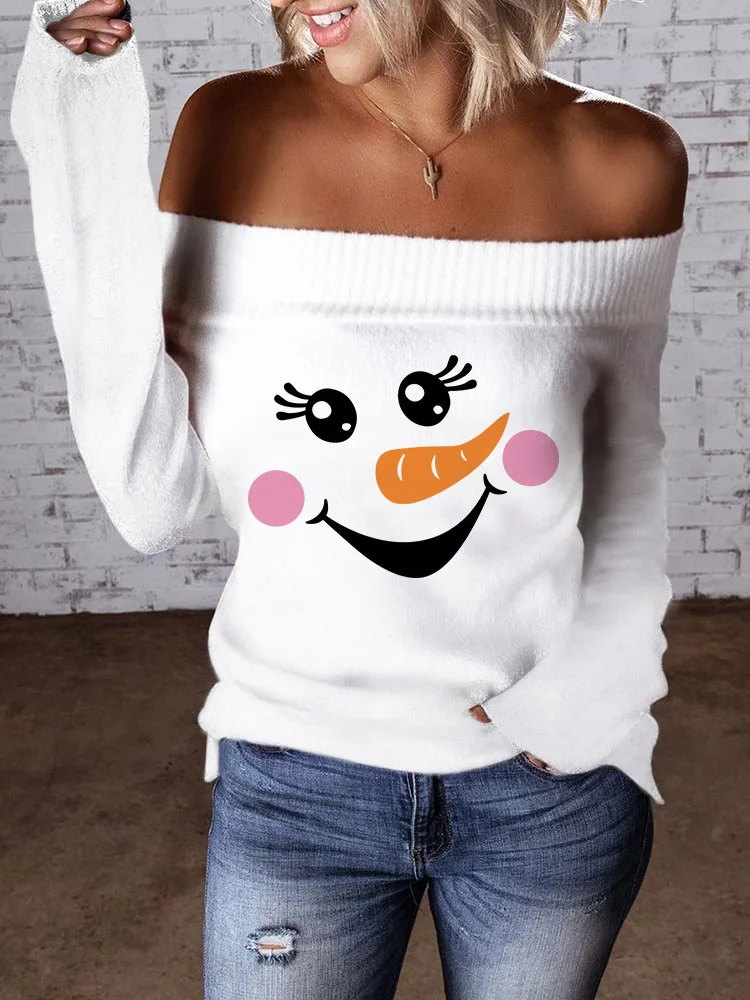 

Off Shoulder Sweater Women Cute Snowman Face Sweaters Winter Warm Knit Pullover Long Sleeve Top Christmas Casual Jumpers Tunic