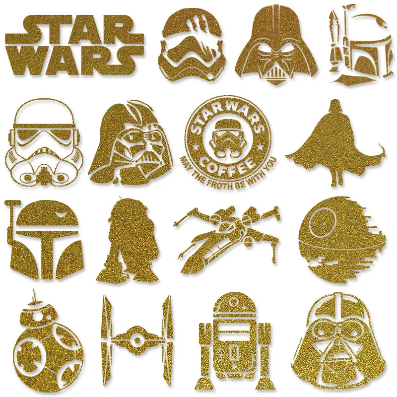 Gold Glitter Disney Star Wars Yoda Darth Vader r2d2 bb8 The Mandalorian baby yoda Heat Transfer On Clothes Applique Decor patch |