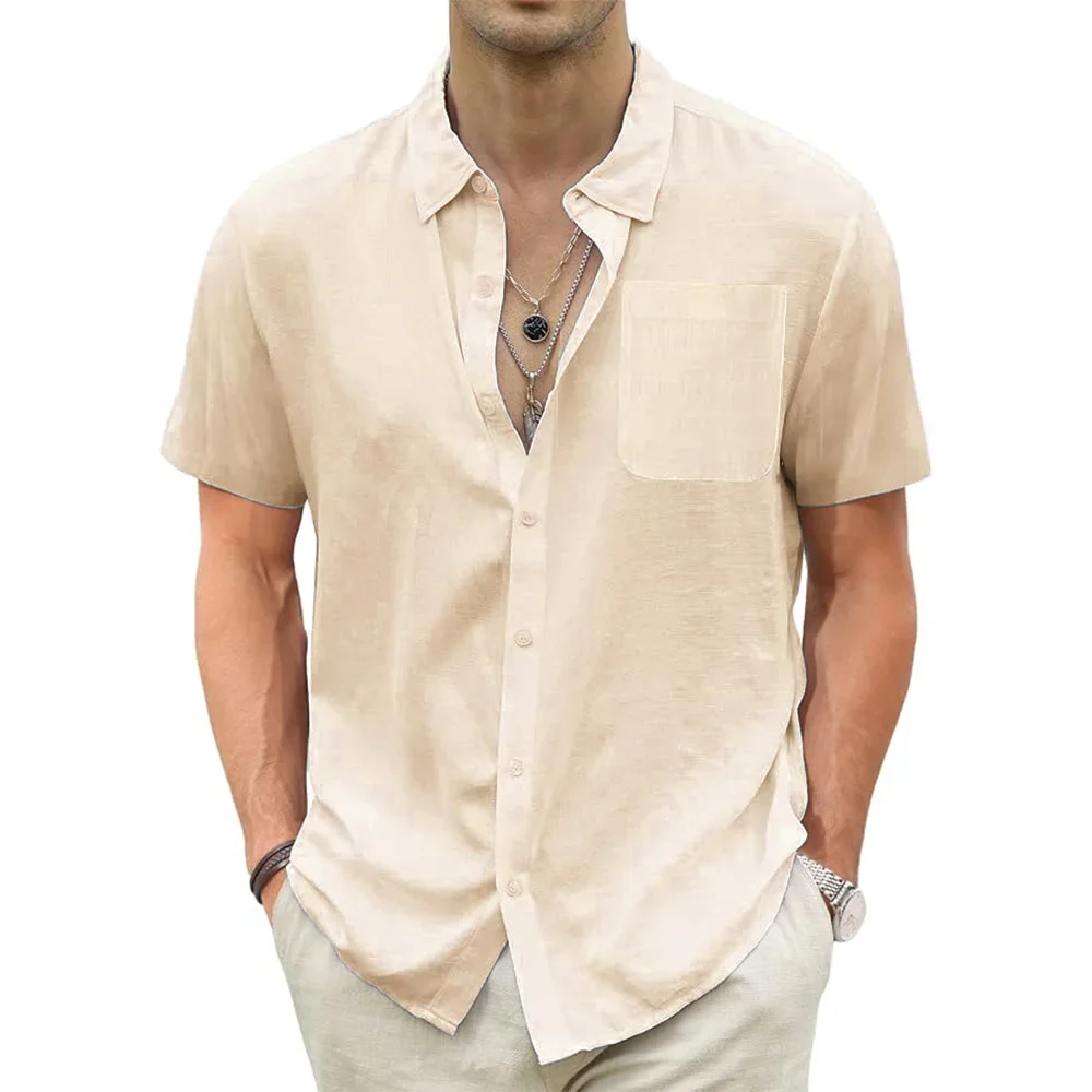 Men's Lightweight Hawaiian Shirts Cotton Linen Breathable Short Sleeve Shirts Vacation Beach Casual Summer Men Tops with Pocket 2
