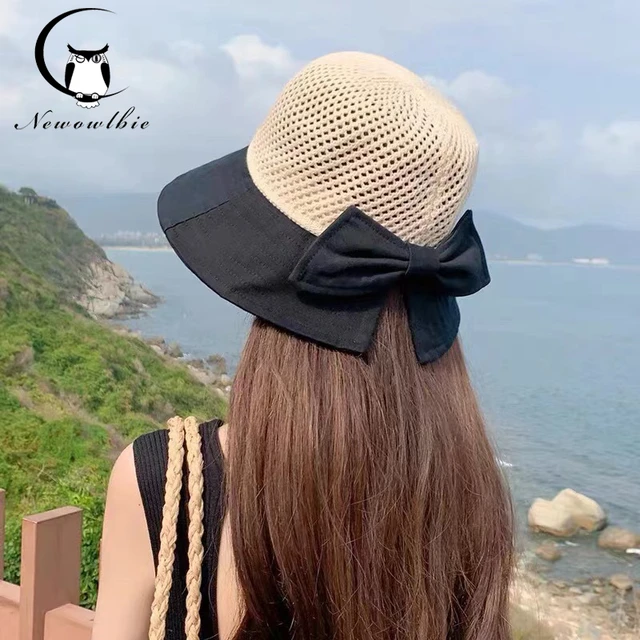 Wide brim girl's straw hat Women's summer knitted breathable sun hat with  bow beach hat New UV resistant travel hat - AliExpress