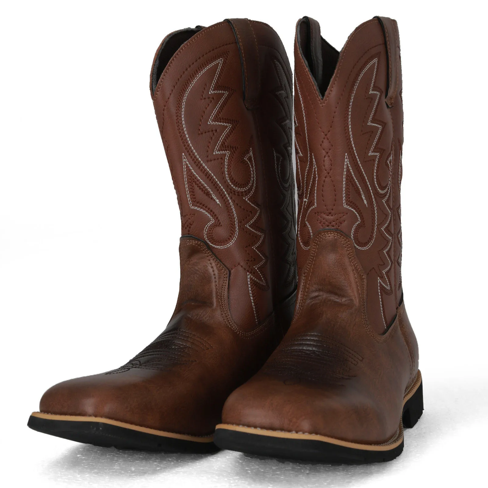 Men's High Top Leather Cowboy Boots, Thick Sole Non-Slip Wear-Resistant Mid-Calf  | ChicGrl