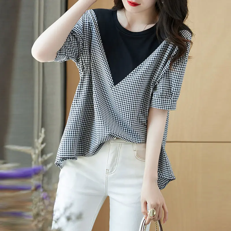 

Fashion Printed Spliced Oversized Irregular Plaid Blouse 2022 Summer New Casual Tops Loose Asymmetrical Commute Women's Shirt