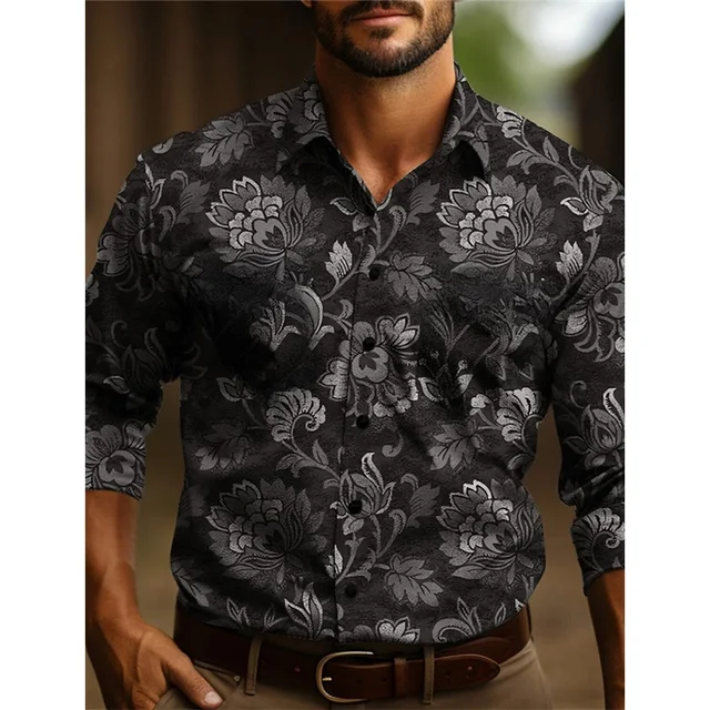Men's Yellowstone Western Denim Shirt Two-tone patchwork pattern Men's roll-down button top Stylish casual long-sleeved shirt 3