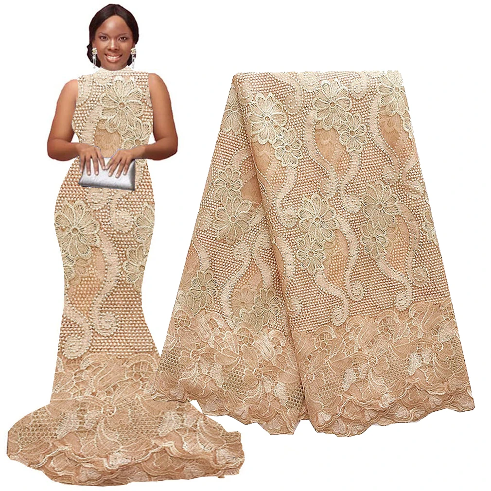 

African Lace Fabric 5 Yards 2022 Green Gold Nigerian Lace Fabric Embroidered Beaded Lace Fabric for Wedding Dresses