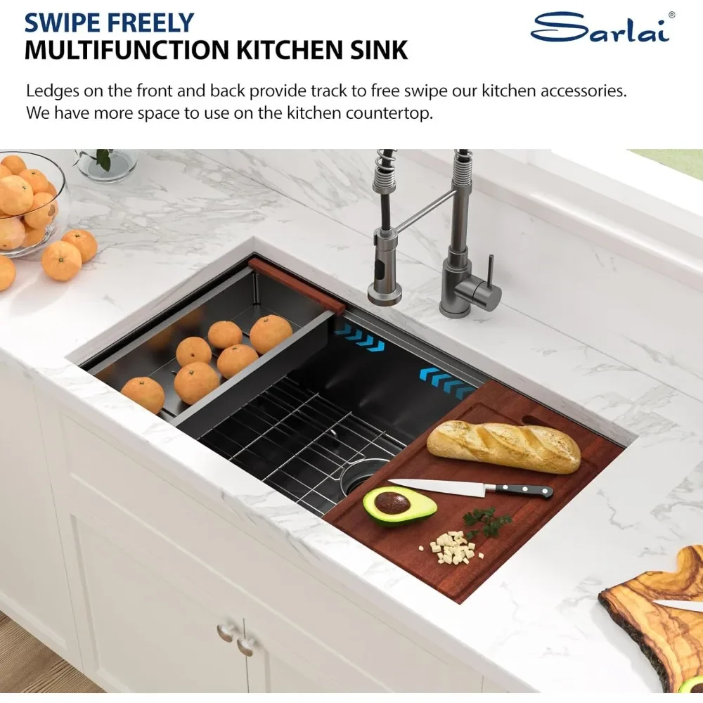 NEW-33 Kitchen Sink Undermount Gunmetal Black - 33x19 inch Kitchen Sink Ledge Workstation Gunmetal Black 16 Gauge Stainless Stee