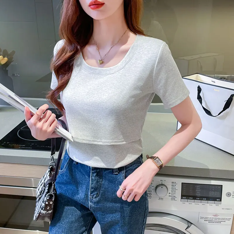 Maternity Nursing Tops Breastfeeding Solid Color Cotton T Shirts for Pregnant Women Summer Tees Short Sleeve Pregnancy T-shirts - 3