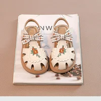 Unishuni Baby Girls Sandal Princess Soft Sole Summer Sandal Child Close Toed Bowknot Beach Shoe with Embroidery Flower Beige 1