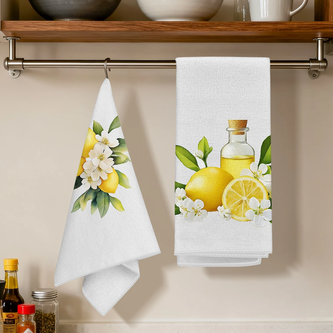 2pcs/set Soft Absorbent Kitchen Towels Dish Towel Lemons And Flowers Dish Cloths Holiday Dry Cloth Kitchen Dish Tea Towel 2