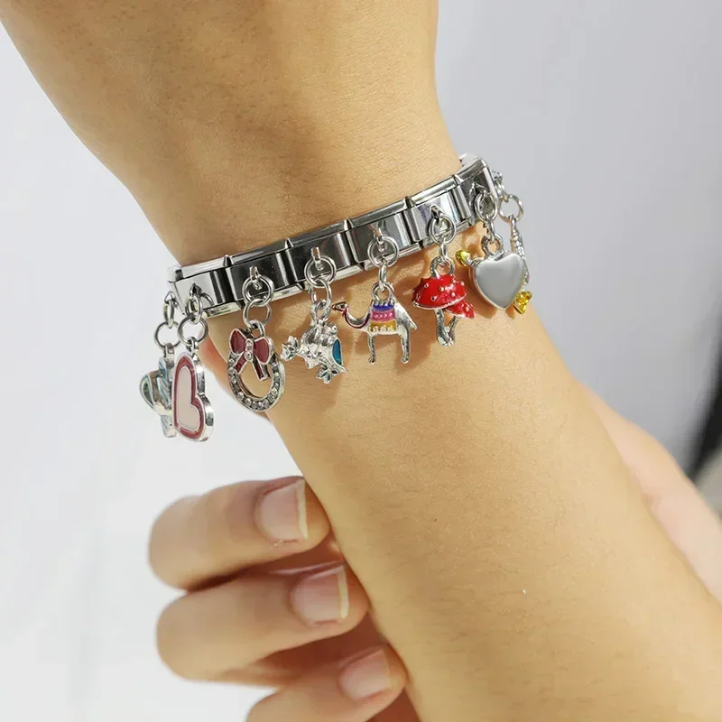 Hapiship Original Daisy Heart Eye Mushroom Camel Slippers Italian Charm Fit 9mm Bracelet Stainless Steel Jewelry Making DJ164 charm bracelet