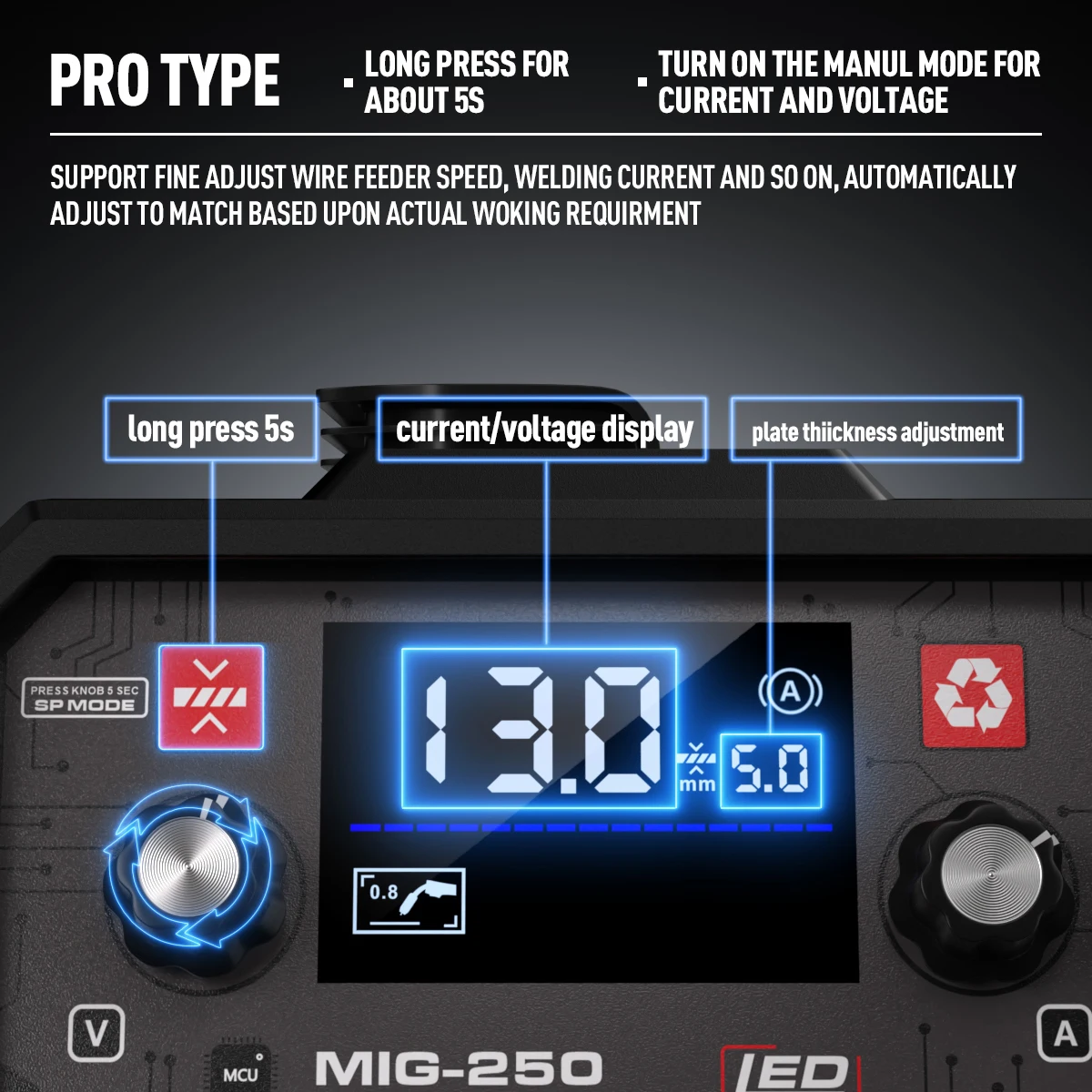 ANDELI MIG-250ME LED 110V/220V IGBT Inverter Welder Flux MIG/Lift Tig/Stick 3-In-1 Multiprocess Welder MIG Welding Machine