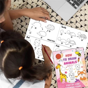 Divertente libro da disegno, guida passo dopo passo con illustrazioni di animali, personaggi dei cartoni animati, libri con motivi colorati
