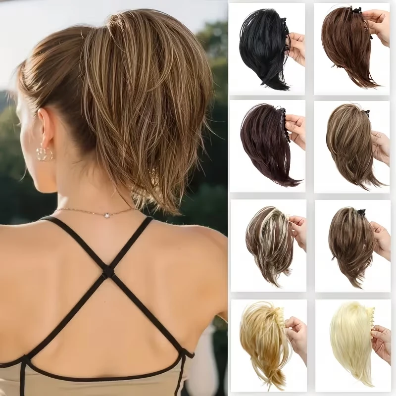Extension per capelli sintetici a coda di cavallo corta e liscia, chignon disordinato con clip a griffe per donna, uso quotidiano