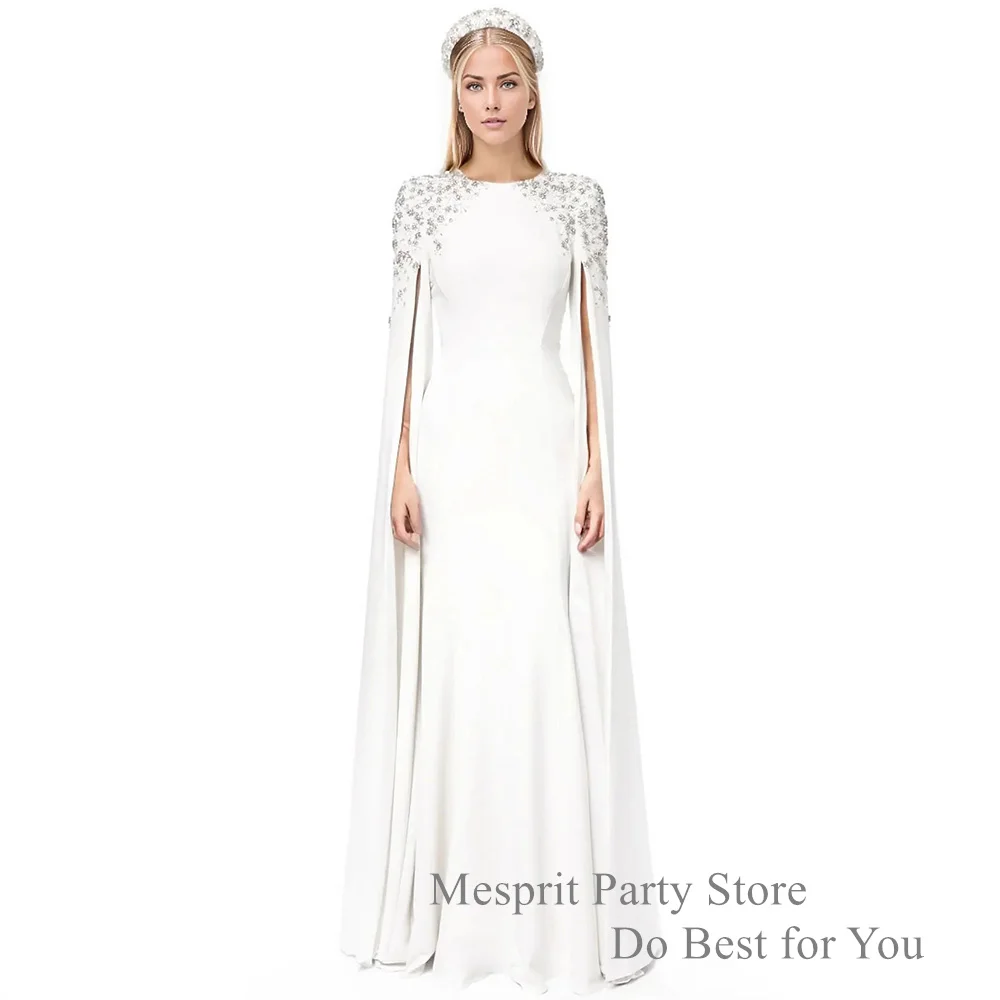 

Mesprit Evening Party Dress for Woman O Neck Slit Long Sleeves Beading Diamante Sweep Train Backless Mermaid Formal Dresses