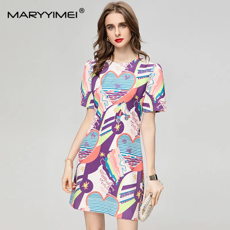 

MARYYIMEI New Fashion Designer Women's Summer Round Neck Short-Sleeved Hand-Painted Printed Sequin Vintage Mini Short Dress