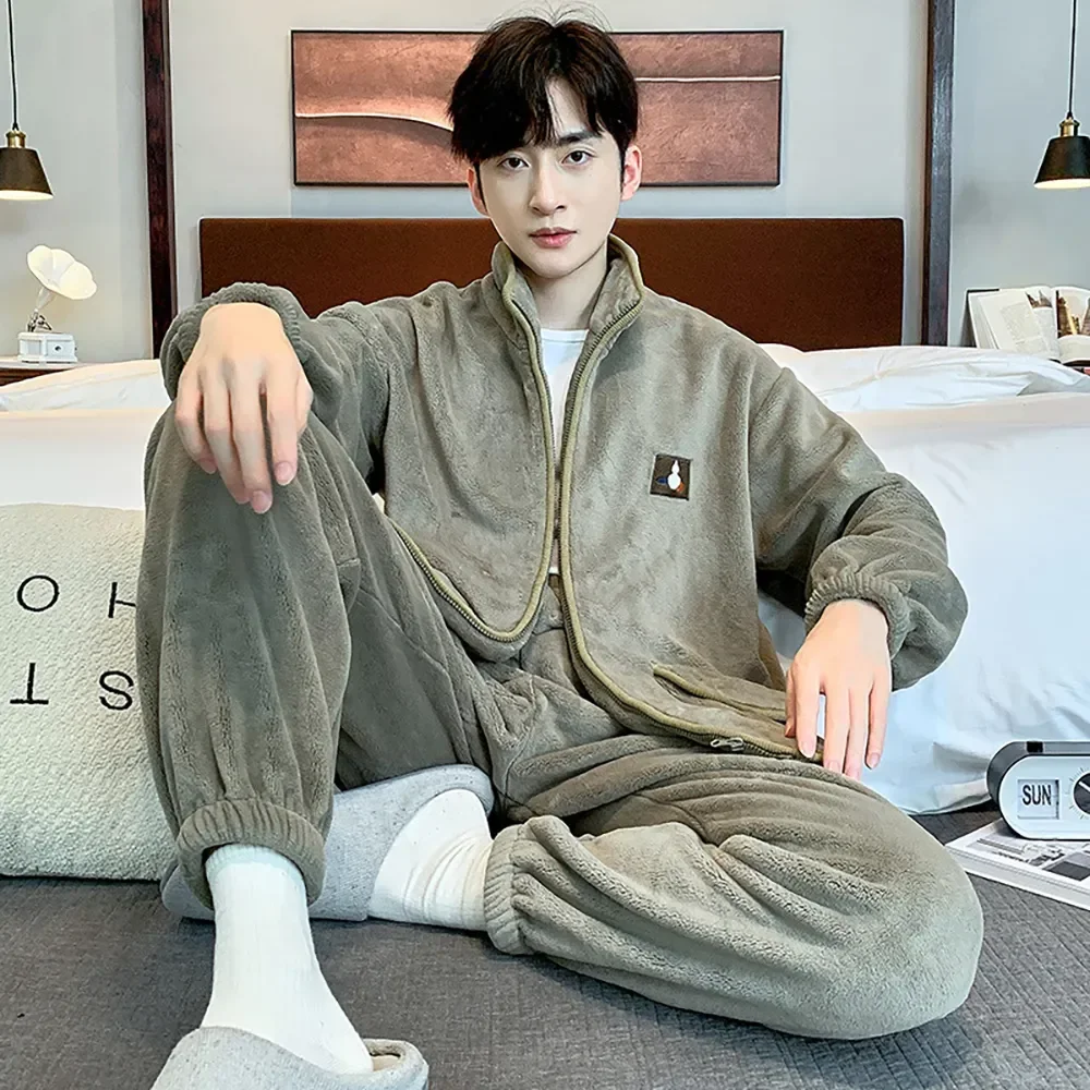 

Sleepwear Casual Pajamas for Hombre Collar Fashion Winter Pajamas Men's Solid Zipper Flannel Men Soft Pijamas Size Big Stand-up