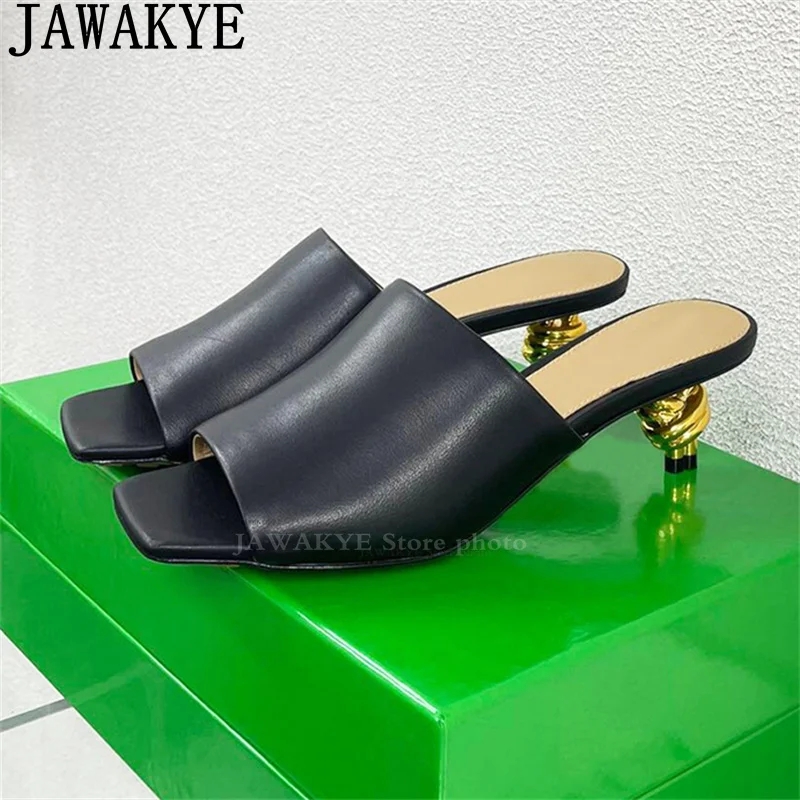 

Square Peep Toe Strange Mid Heels Slippers Women Real Leather Weaving Fashion Week Mules Slippers Summer Sexy Runway Shoes Woman