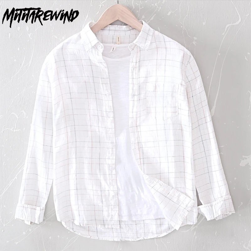 

100% Linen New in Shirts Men Four Seasons Daily Casual Long Sleeve Shirts Turn Down Collar Plaid Shirt Simple Fashion Top Youth