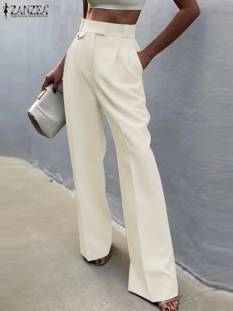 

Women Fashion Streetwear Pants ZANZEA Elegant Office Lady High Waist Pleated Versatile Trousers Casual Solid Wide Leg Slacks