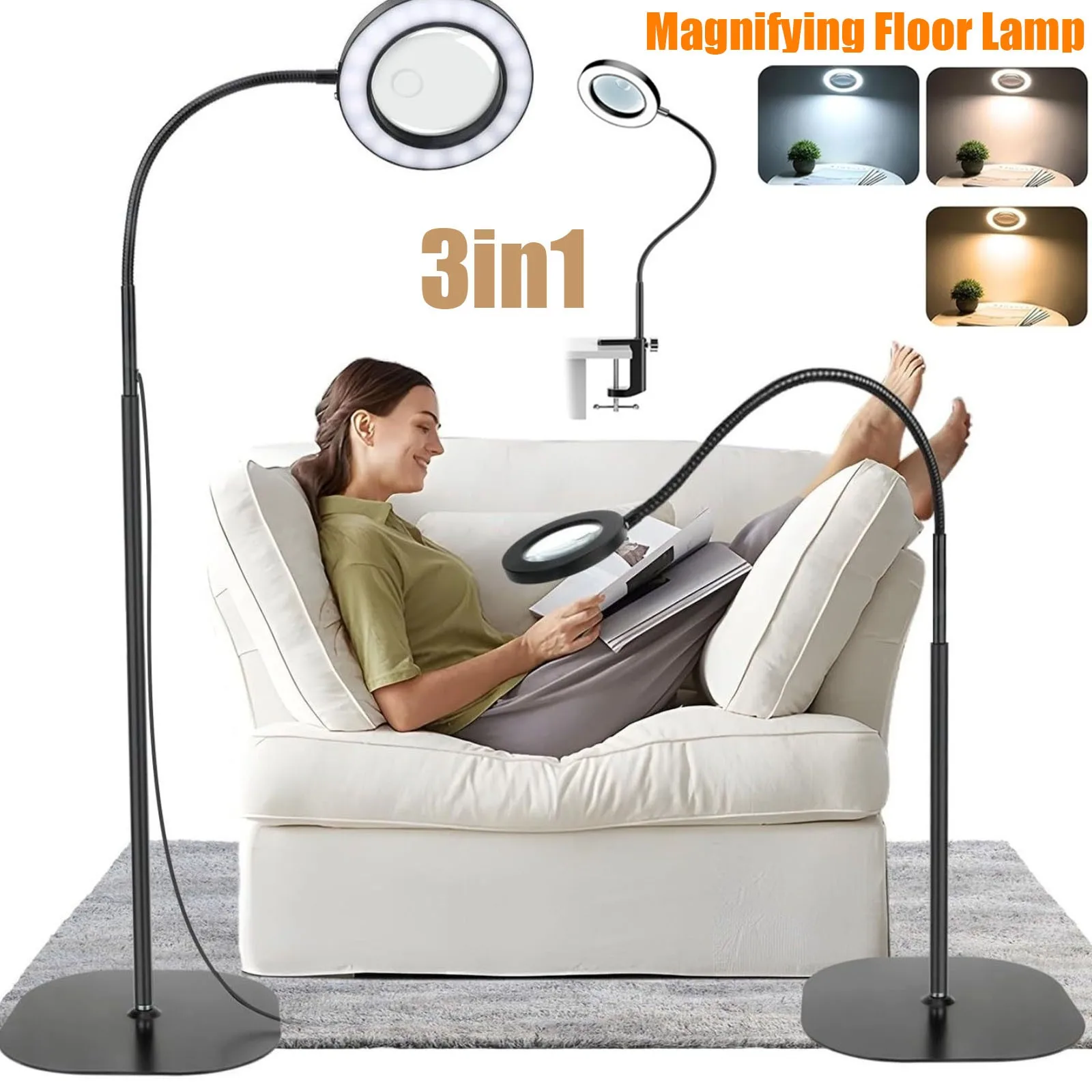 Large 20X 10X Magnifying Glass with Light and Stand 3-in-1 Floor Magnifying Lamp