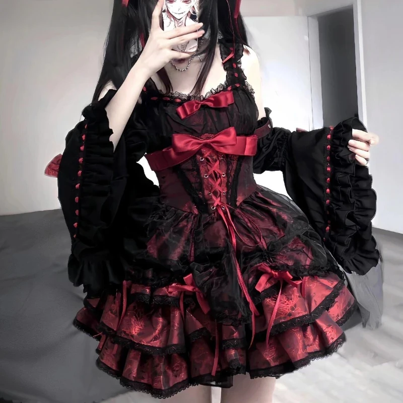 Y2k Japanese Gothic Lolita Jsk Dress Women Harajuku Bow Lace Ruffles Evening Party Mini Dresses Punk Kawaii Black Red Vestidos