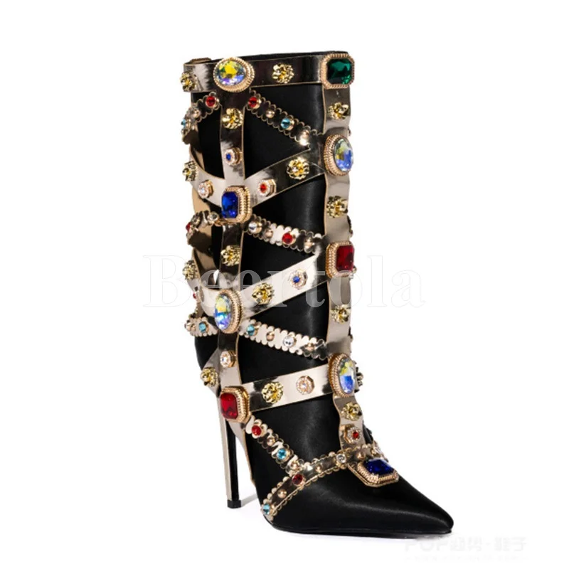 

2023 Sexy Colored Gemstone Decor Short Boots Woman Pointed Toe Stiletto Mid-Calf Boot Luxury Pearl High Heel Catwalk Show Shoes