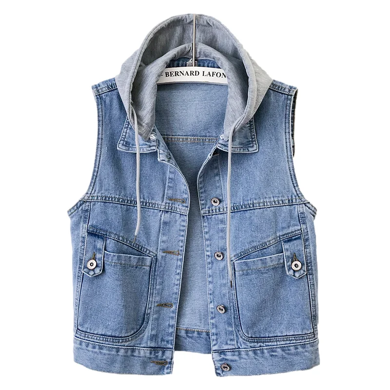 

Summer Thin Removable Hooded Denim Vest Women Waistcoat Vintage Blue Cowboy Sleeveless Jacket Coat Slim Short Jeans Vests Female