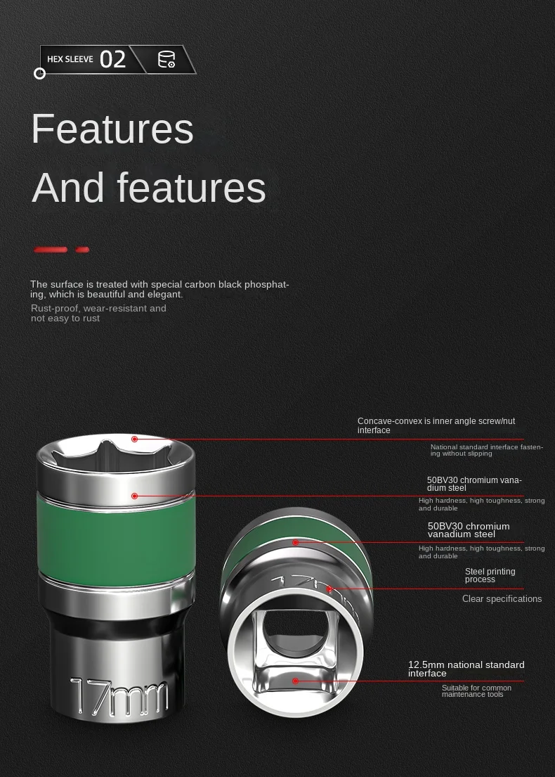 Description Picture 4 of item1/2 Green Belt Hexagonal Socket Heavy Duty Thickened Socket Set Pneumatic Wrench Set Of Nozzles Mechanic Tools Hand Tool