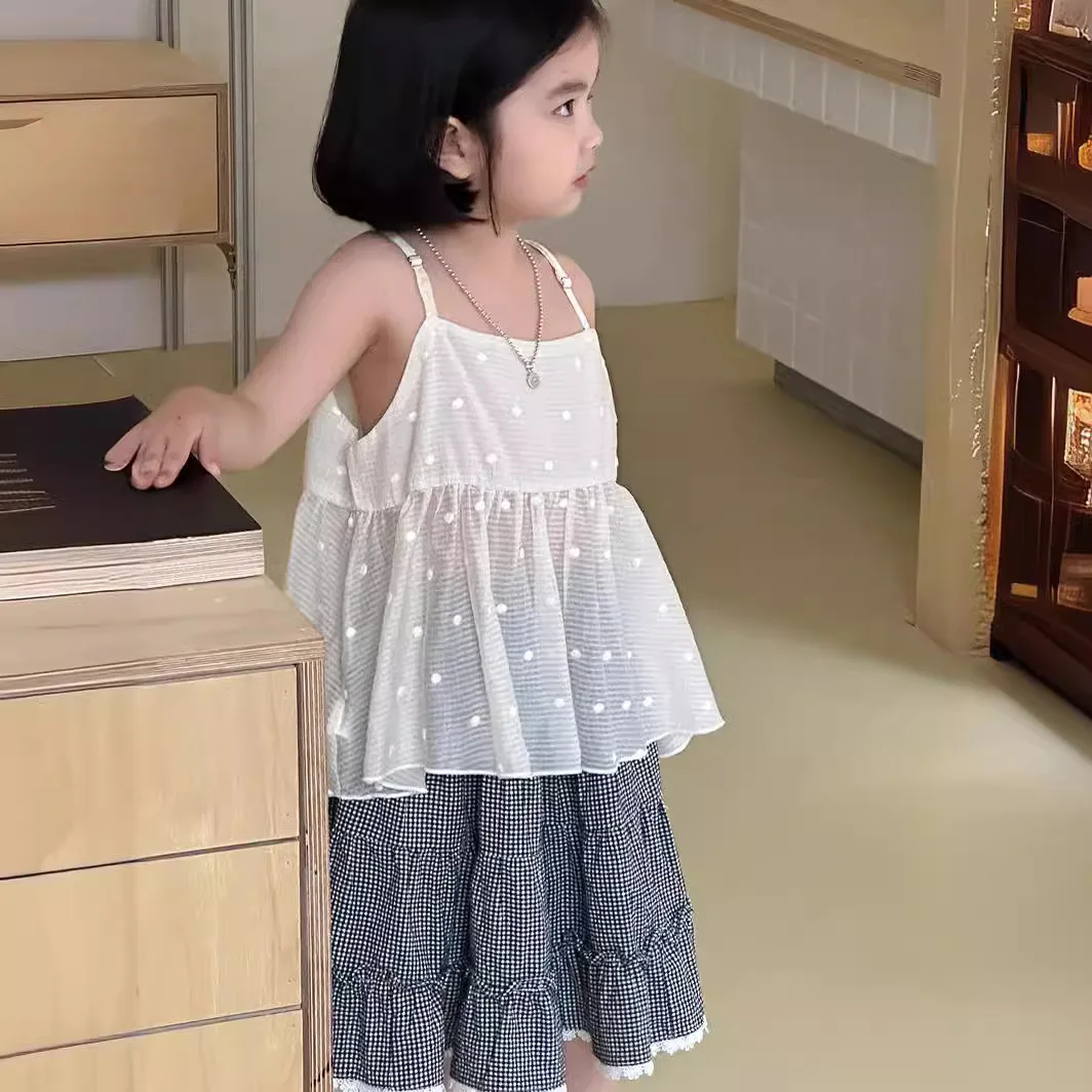 

Summer Korean Children Girls 2PCS Clothes Set Sleeveless Mesh Patchwork Sleeveless Sling Tops Plaid Skirt Suit Baby Girl Outfits