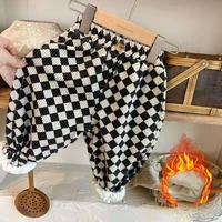 Boys' and Girls' Pants with Velvet Autumn/Winter New Thickened Versatile Checkered Corduroy Casual Korean Leg Tight Pants