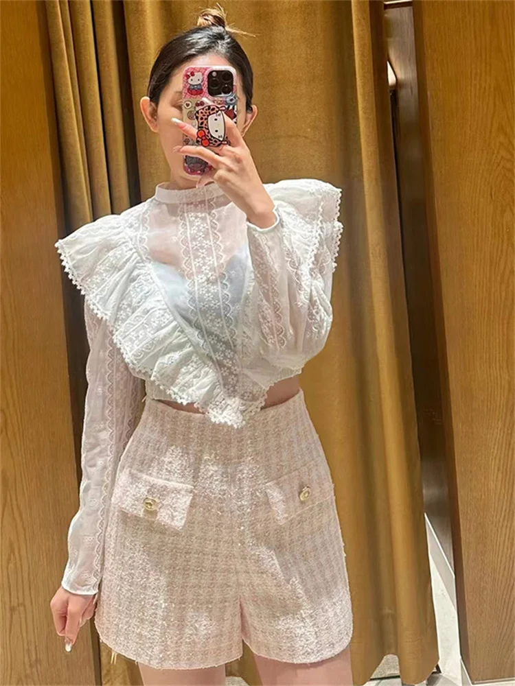 

2024 Spring New Women Blouse Lace Hollowed Out Round Neck Ladies Ruffled Edge Embroidery Long Sleeve White Sweet Elegant Shirt