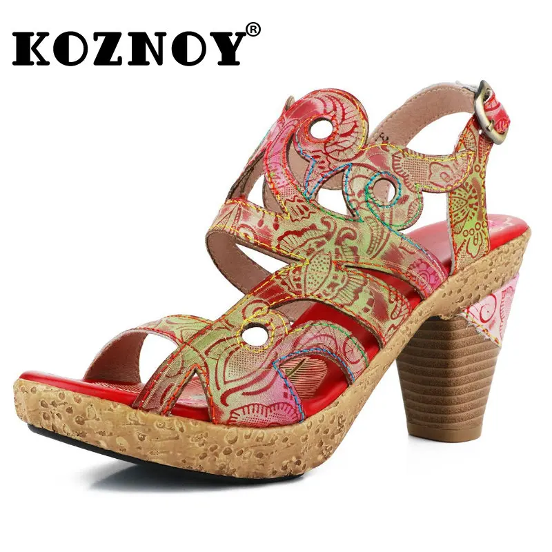 

Koznoy Woman Moccasin 7cm Ethnic Sheepskin Cow Genuine Leather Summer Chunky Heels Big Size Print Hollow Buckle Moccasins Shoes