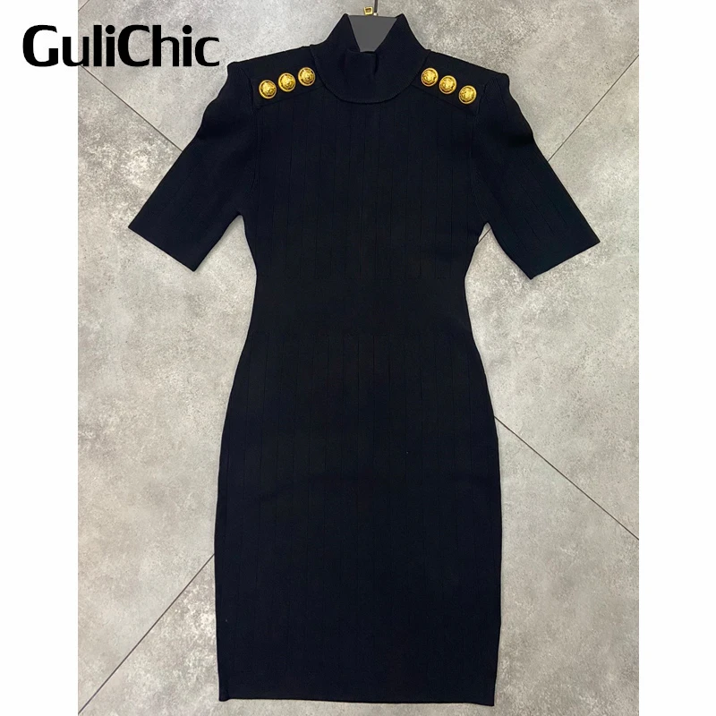 

9.3 GuliChic Women Elegant Temperament Stand Collar Gold Button Short Sleeve Shoulder Pads Back Zipper Package Hip Dress