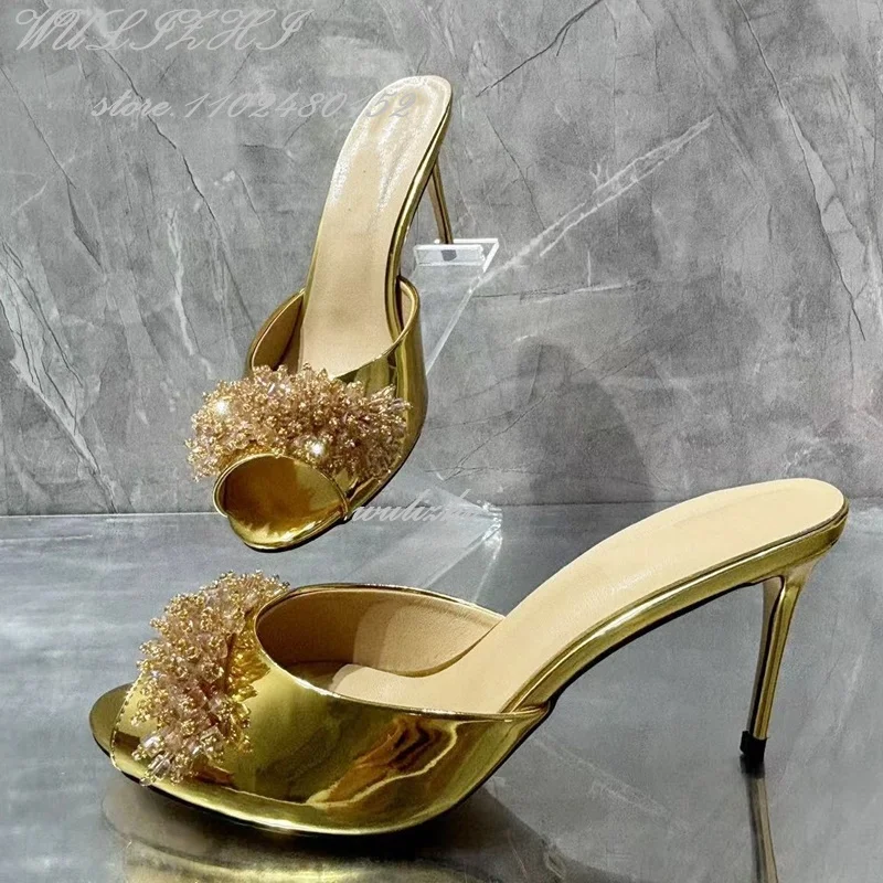 

Crystal Beaded Flower Gold Open Heels Women Sexy Stiletto Shallow Summer Sandal Sequins Open Heel Luxury Tassel Bling Girls Shoe