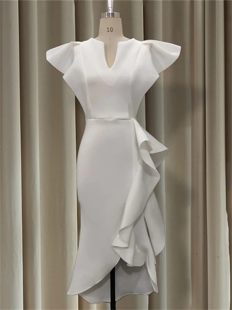 Wmstar Dresses Women Luxury Purff Sleeve V Neck Party Evening Midi Dress Flounced Edge New Summer Clothes Wholesale Dropshipping